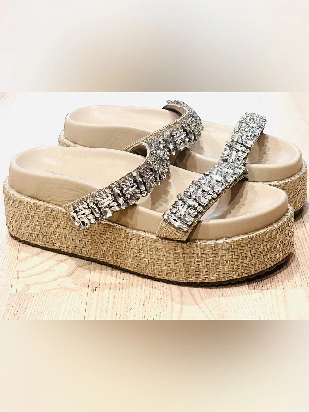 Public Desire Jeweled Double-Strap Platform Sandal in Beige
